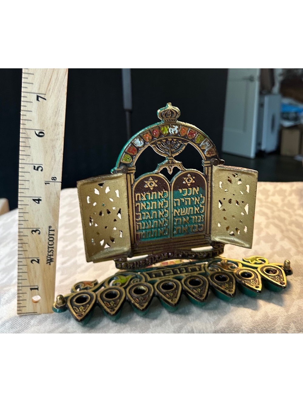Vintage Israel Hanukkah Menorah Judaica Lions Judah 10 Commandments Jerusalem - Picture 10 of 15
